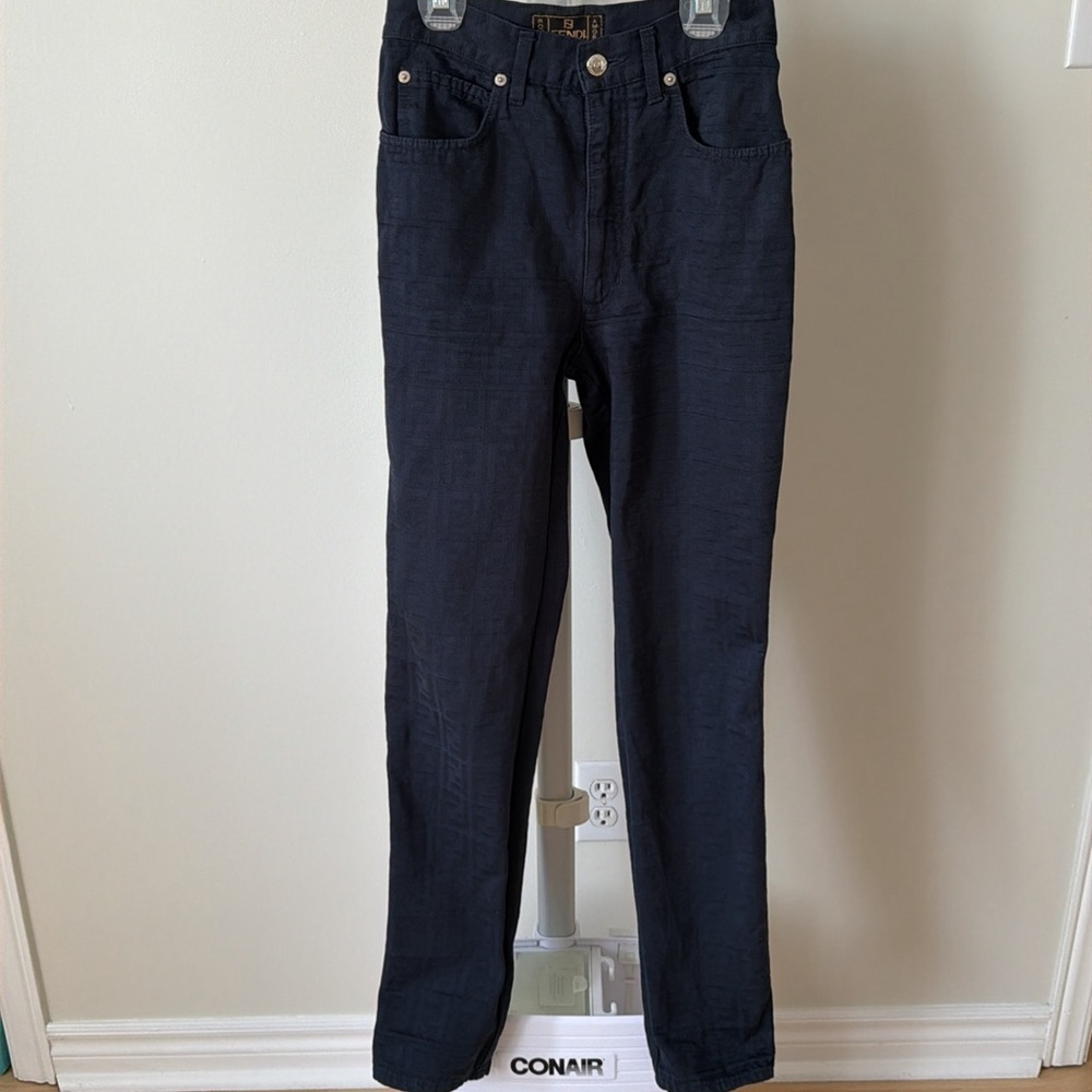 Vintage Fendi dark navy blue logo monogram pants, size 2